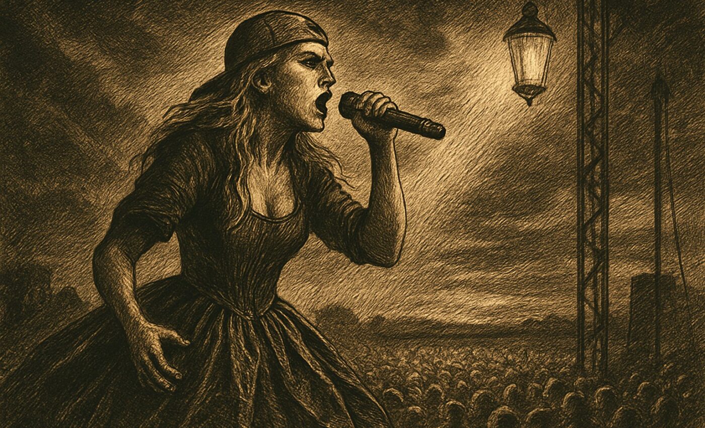 A singer in a turned red cap cries out before a vast company gathered beneath festival lights near a wide open field.