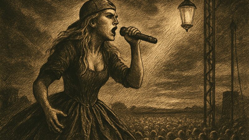 A singer in a turned red cap cries out before a vast company gathered beneath festival lights near a wide open field.