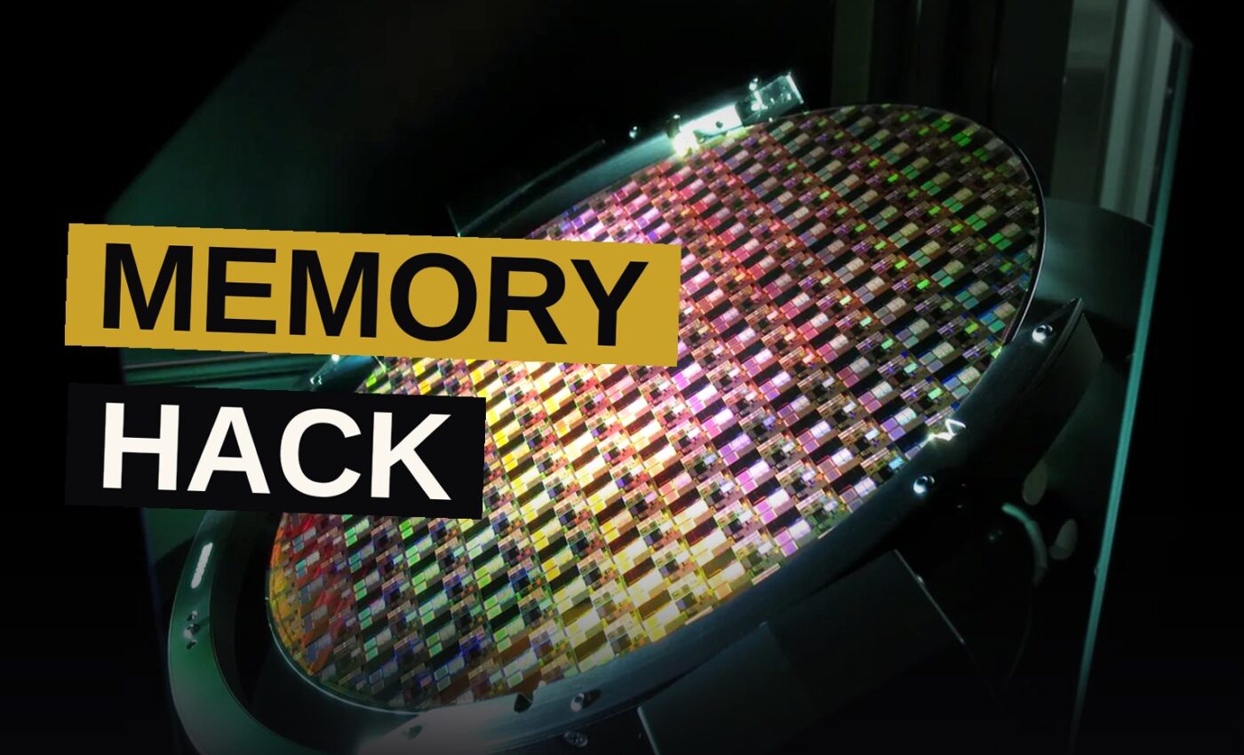 A stacked semiconductor memory chip glows under laboratory lighting.