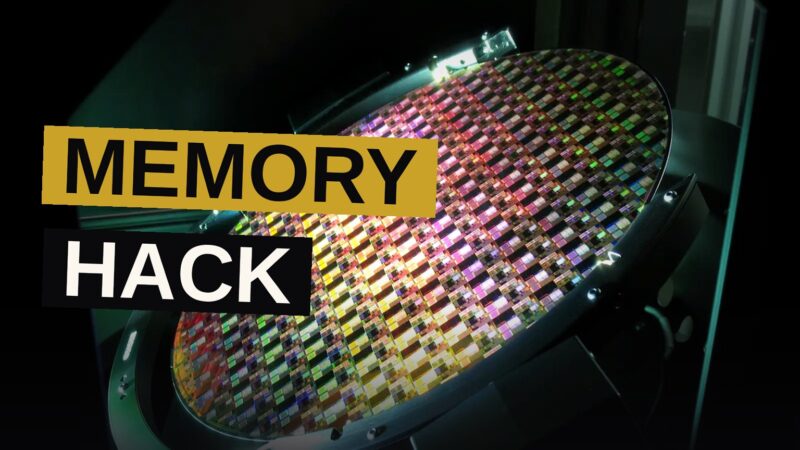 A stacked semiconductor memory chip glows under laboratory lighting.