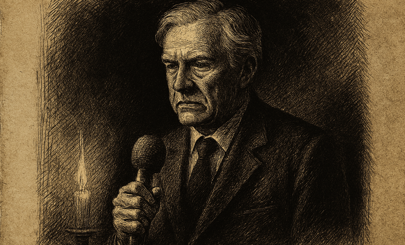 A serious man in a dark suit holding a microphone, lit with strong shadows in a studio setting.