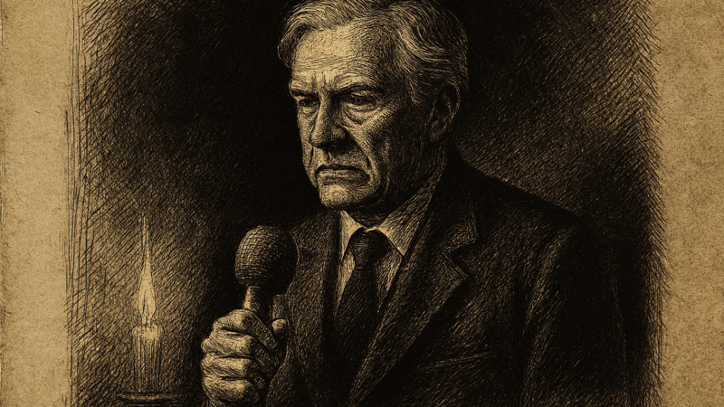 A serious man in a dark suit holding a microphone, lit with strong shadows in a studio setting.