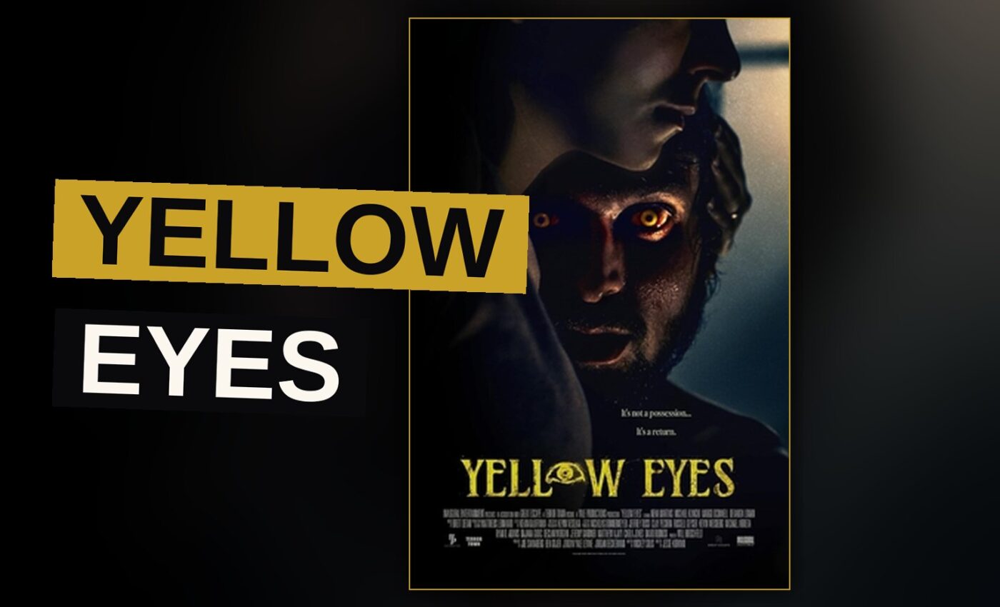 A man gazes upon a monstrous creature whose eyes burn a ghastly yellow hue within a dim hospital passage.