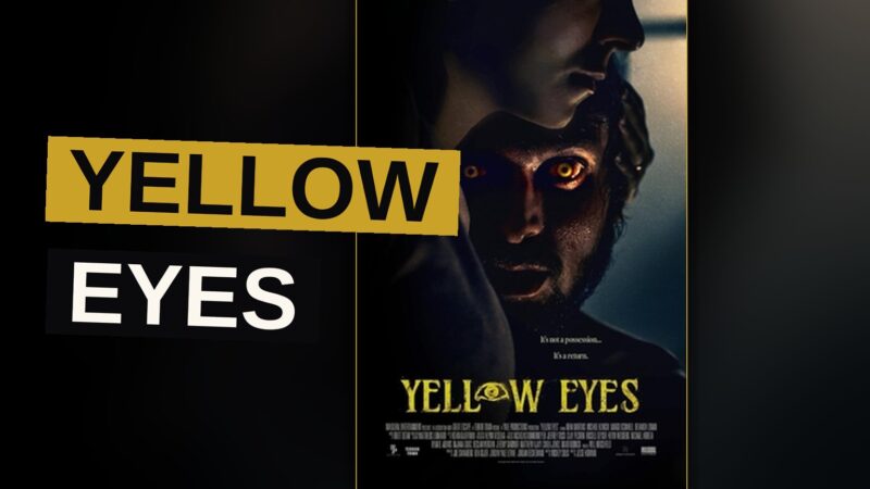 A man gazes upon a monstrous creature whose eyes burn a ghastly yellow hue within a dim hospital passage.