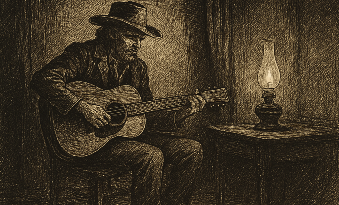 A solitary musician sits with his guitar in a dimly lit room, evoking quiet intimacy.