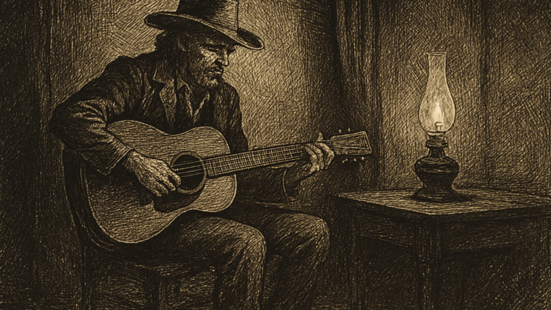 A solitary musician sits with his guitar in a dimly lit room, evoking quiet intimacy.