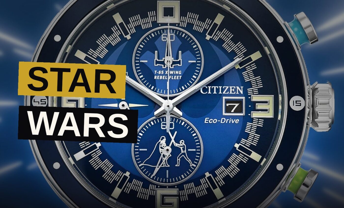 A Citizen Star Wars themed Eco-Drive chronograph watch with glowing subdials showing a T-65 X-wing fighter.