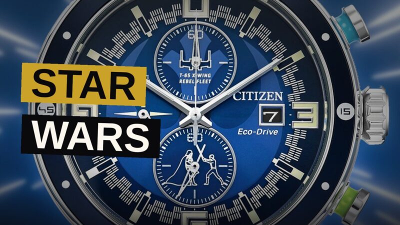 A Citizen Star Wars themed Eco-Drive chronograph watch with glowing subdials showing a T-65 X-wing fighter.