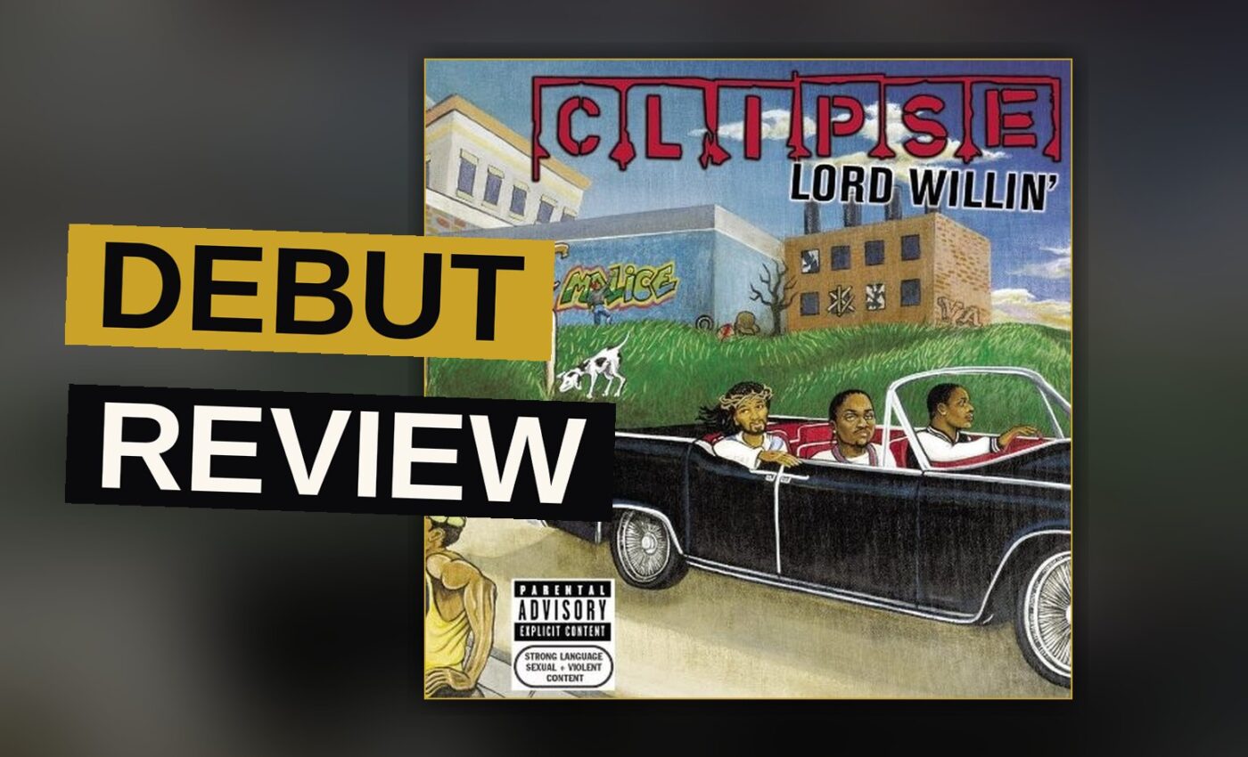 Two hip-hop artists stand together in a dim studio, evoking the mood of a debut album.