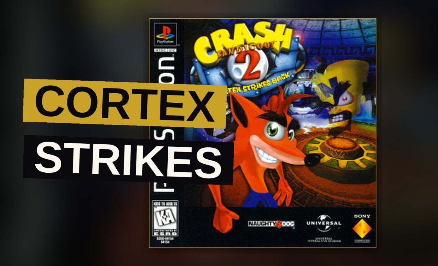 Crash, the diminutive bandicoot, soars through a fiery jungle island with his jet pack ablaze.