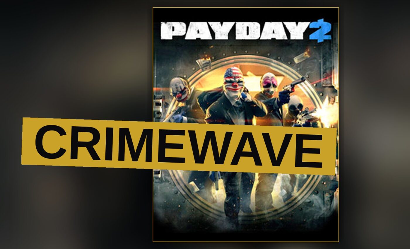 Four masked robbers stand ready in a dark bank vault during a heist.