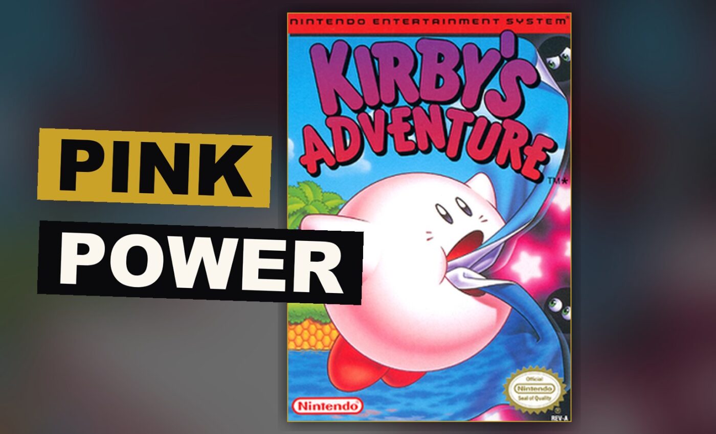 A round pink hero drifts above a bright, layered kingdom, swallowing a foe to gain its curious power.
