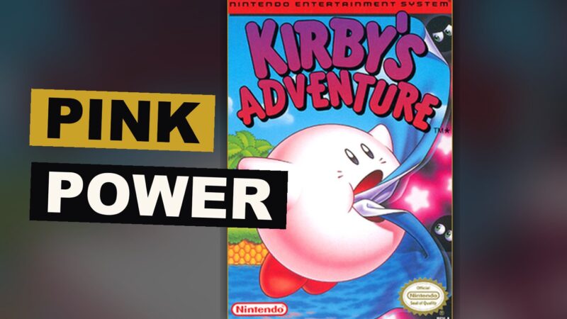 A round pink hero drifts above a bright, layered kingdom, swallowing a foe to gain its curious power.