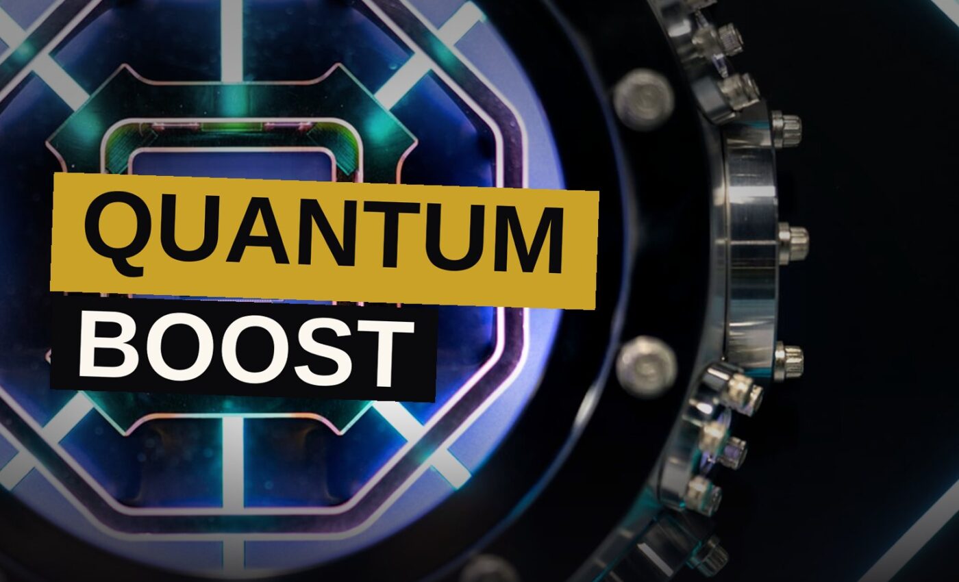 A close-up of a glowing quantum computer processor chip with intricate circuitry and blue light reflections.