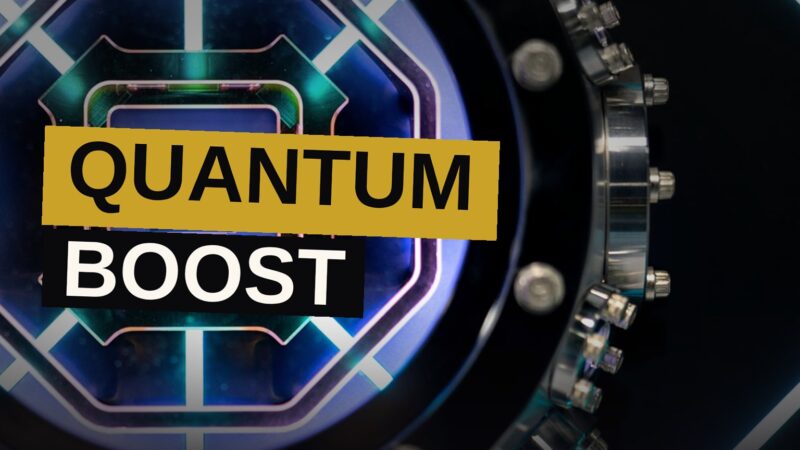 A close-up of a glowing quantum computer processor chip with intricate circuitry and blue light reflections.