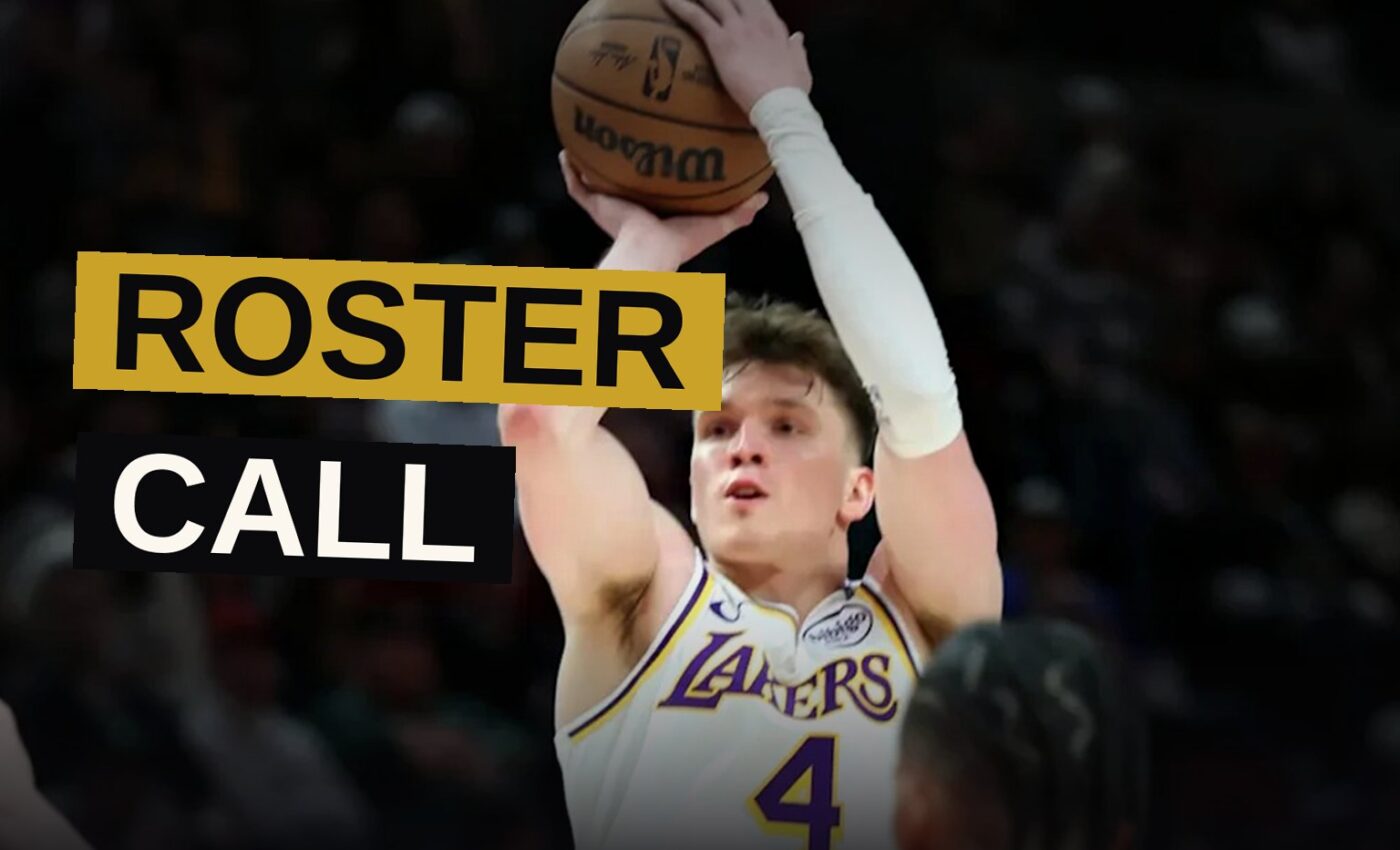 A Lakers player in a purple and gold jersey stands on a basketball court, looking focused under dramatic lighting.