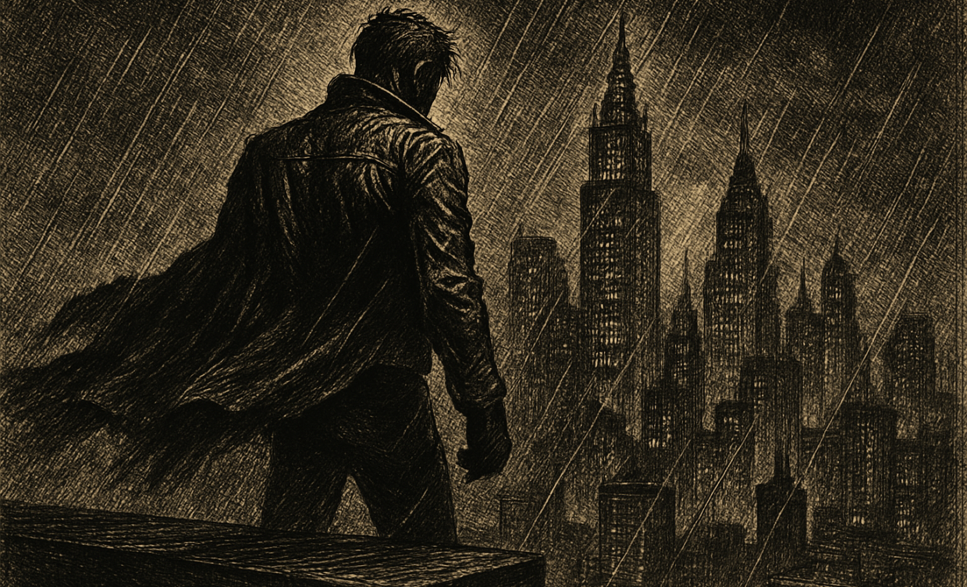 A masked vigilante perches on a rooftop overlooking a dark city skyline.