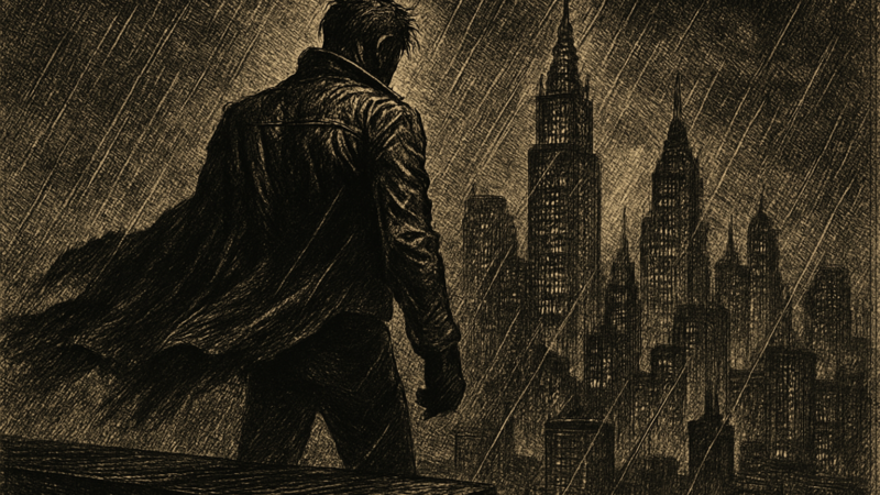 A masked vigilante perches on a rooftop overlooking a dark city skyline.