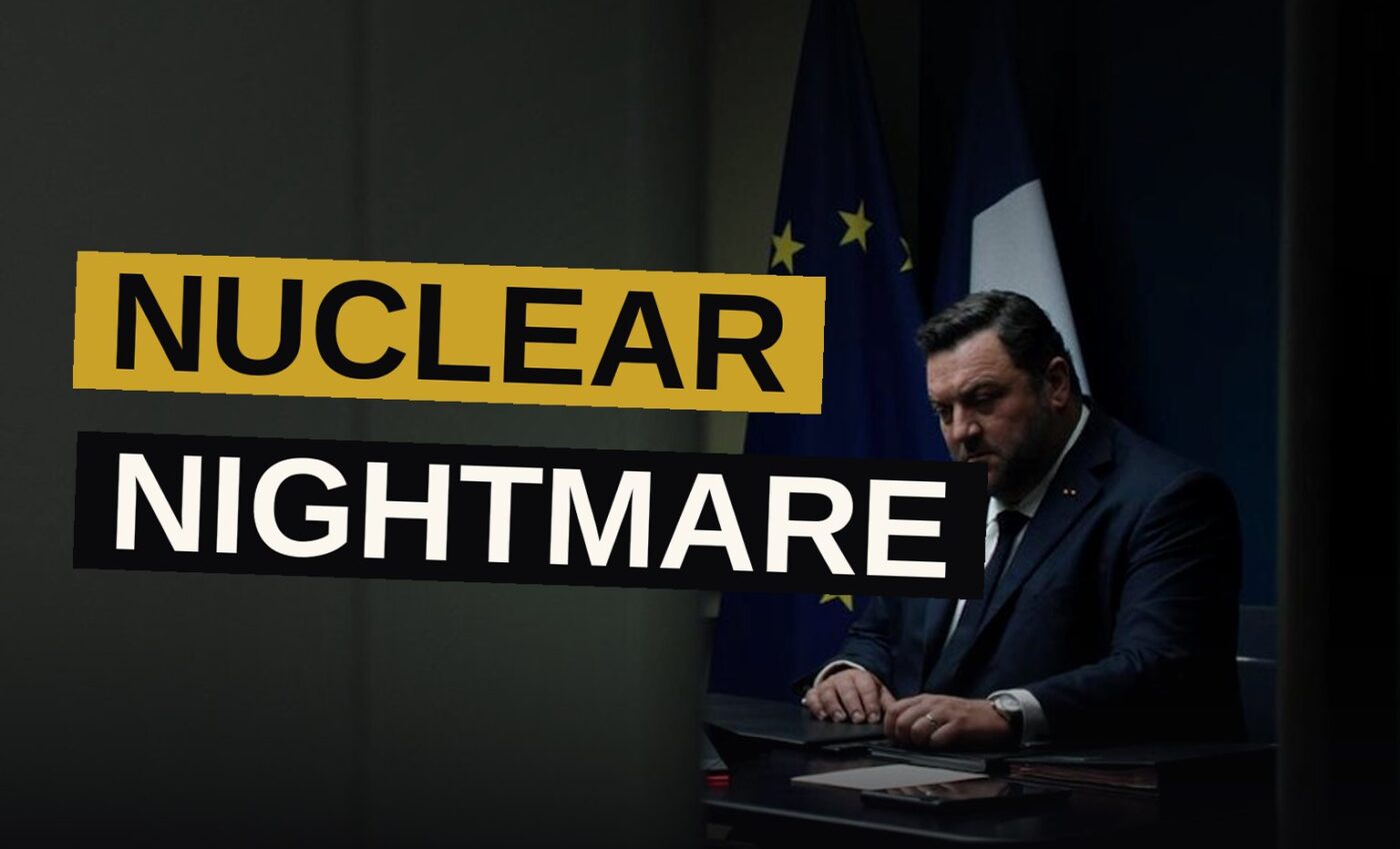 A tense French president in a dark suit sits in a dim war room, surrounded by glowing screens and blurred staff.