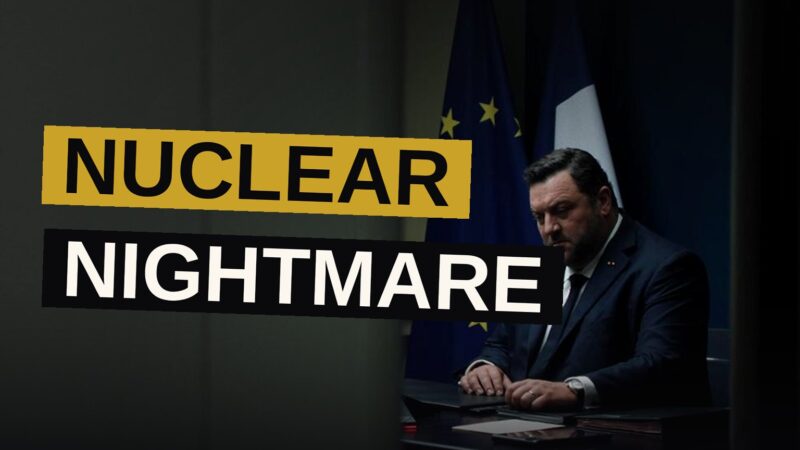A tense French president in a dark suit sits in a dim war room, surrounded by glowing screens and blurred staff.