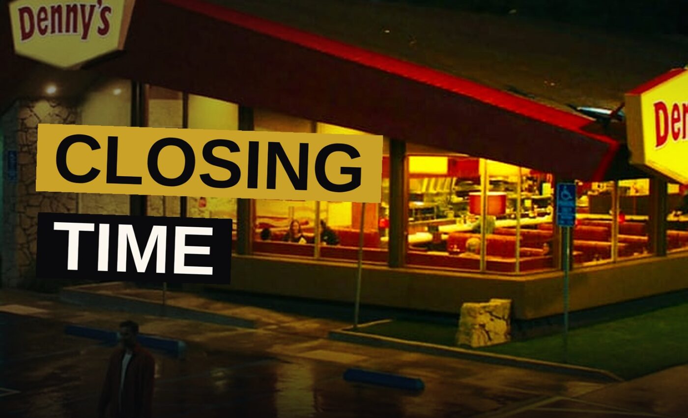 A Denny's restaurant with a dark sign and empty parking lot, a closure notice on the door.