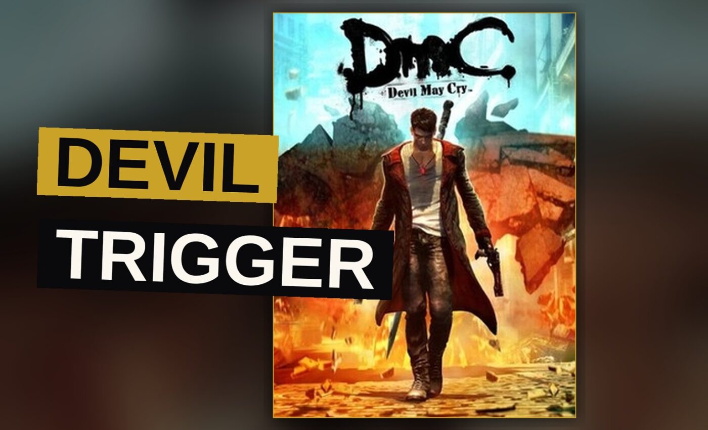 A demon hunter stands amid ruins below a towering modern city, sword drawn against unseen foes.