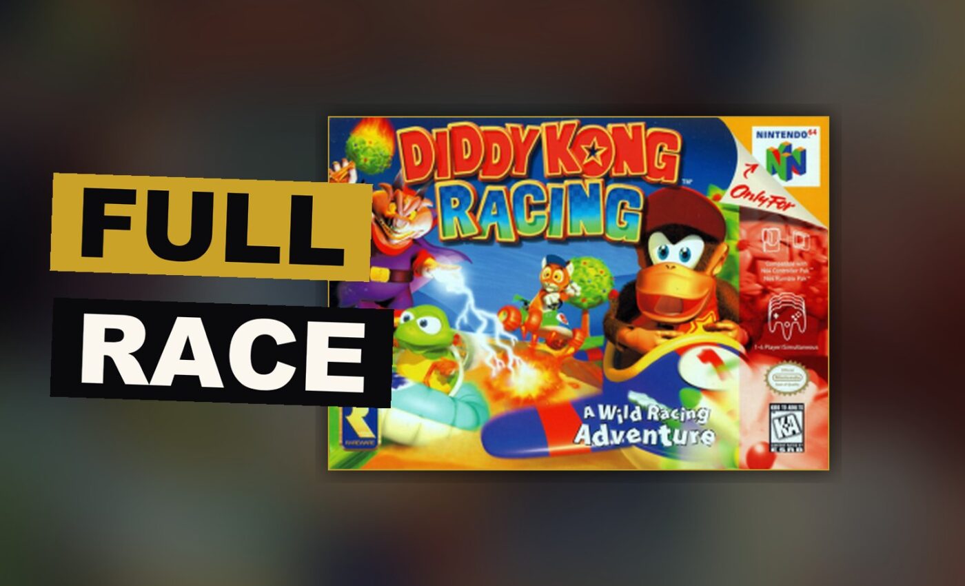 A small animal driver races a car past companions piloting a winged flyer and a boat across a bright island world.