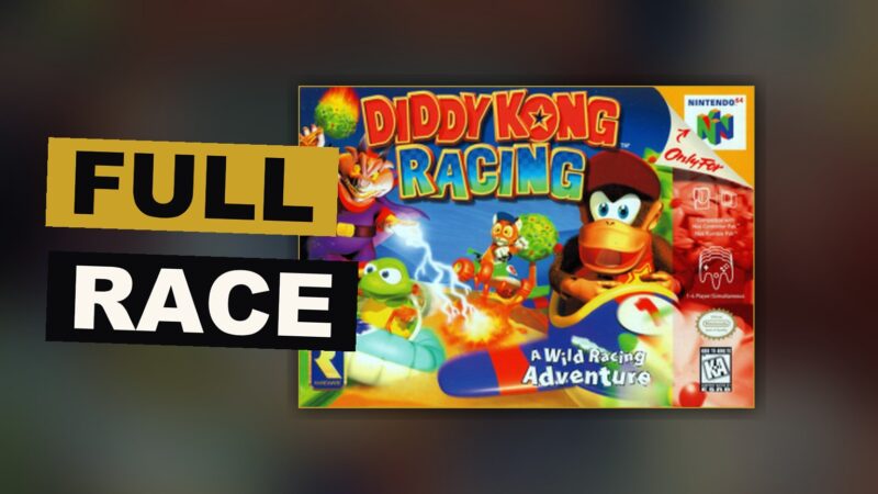 A small animal driver races a car past companions piloting a winged flyer and a boat across a bright island world.