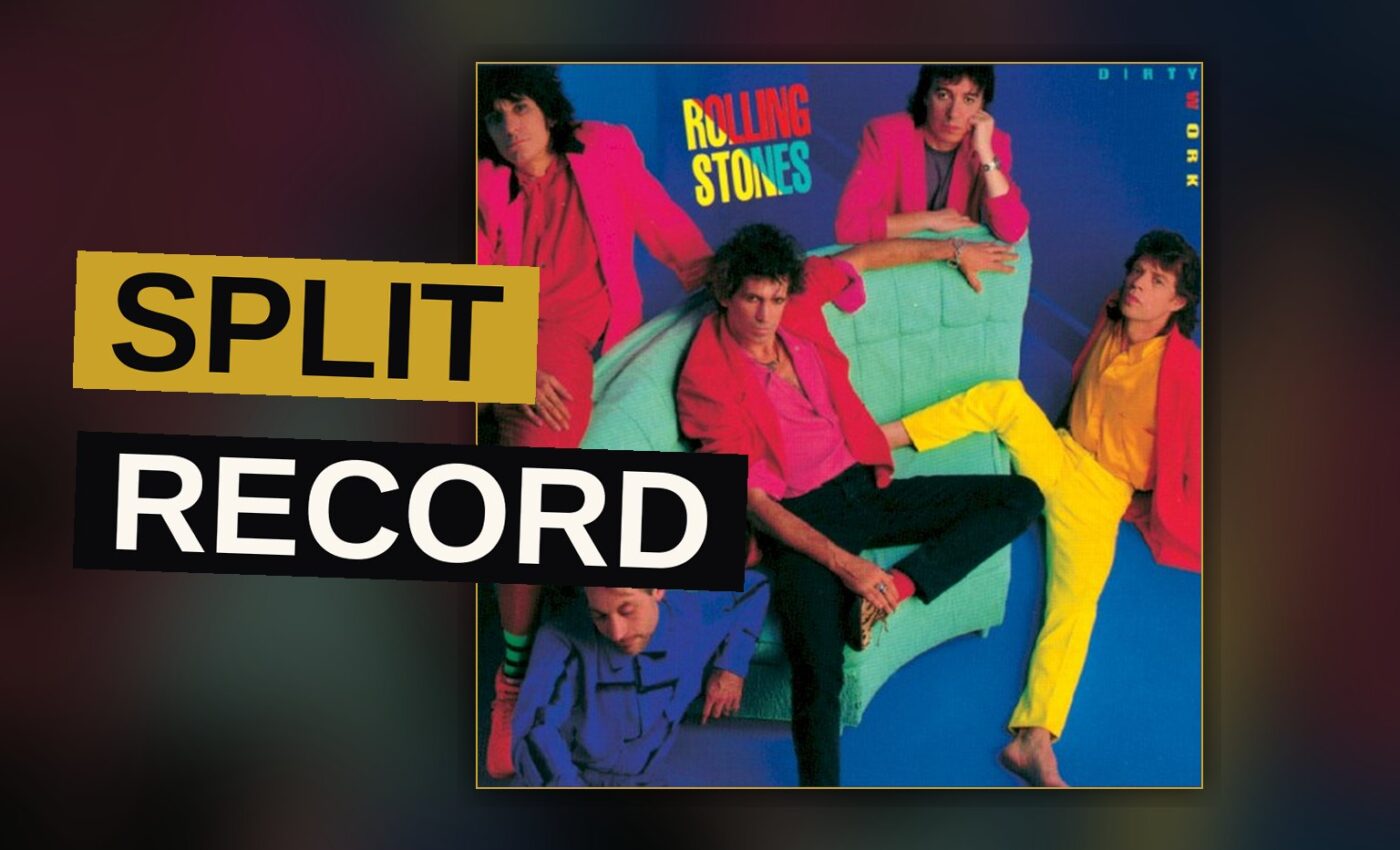A rock band performs under dim light, guitars raised, evoking a tense, cynical mood.