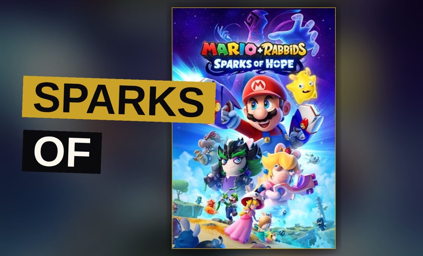 Mario and Rabbid Peach fight robotic enemies on a sunny beach with glowing sparks in a vibrant cartoon style.