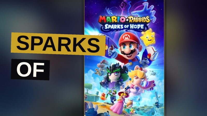Mario and Rabbid Peach fight robotic enemies on a sunny beach with glowing sparks in a vibrant cartoon style.