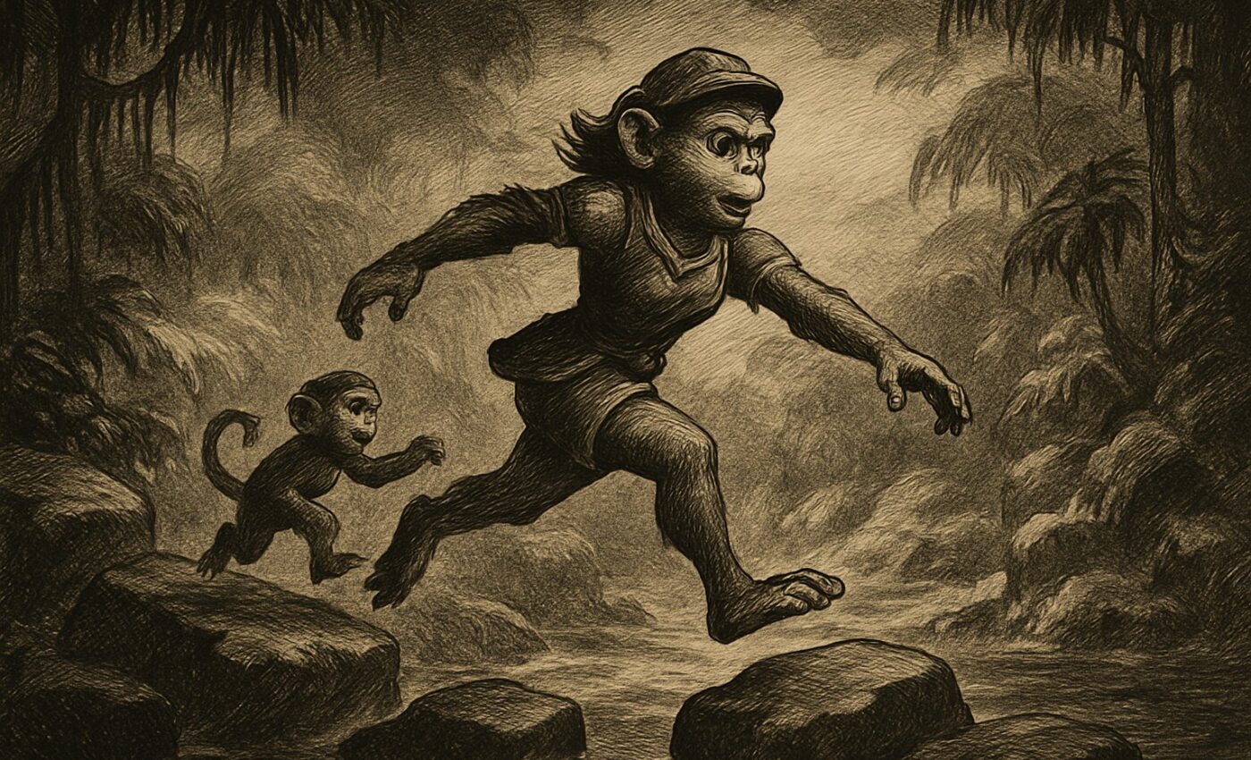 Dixie Kong and her small cousin bound across icy rocks above cold waters in a wide, strange land.