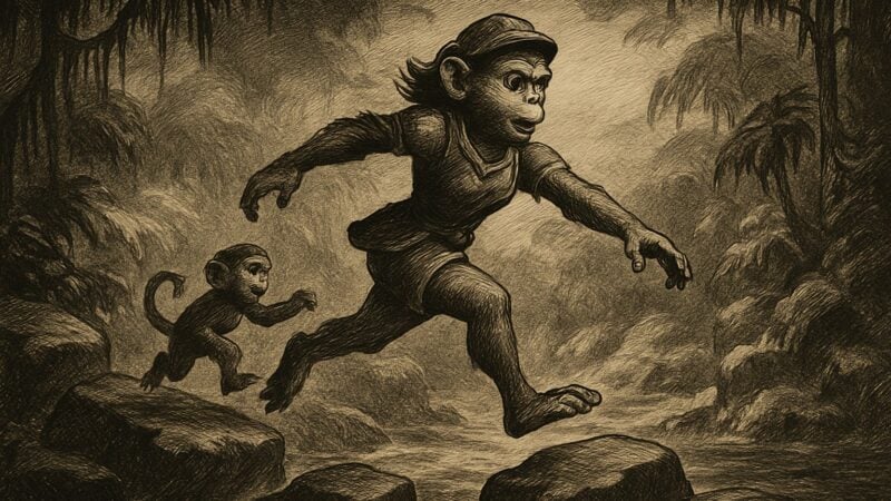 Dixie Kong and her small cousin bound across icy rocks above cold waters in a wide, strange land.