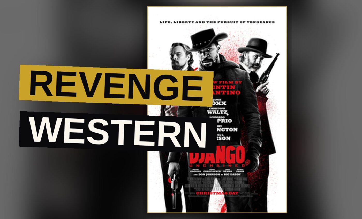A freed slave in a blue velvet suit and his bounty hunter partner ride horses across a dusty Texas landscape at sunset.