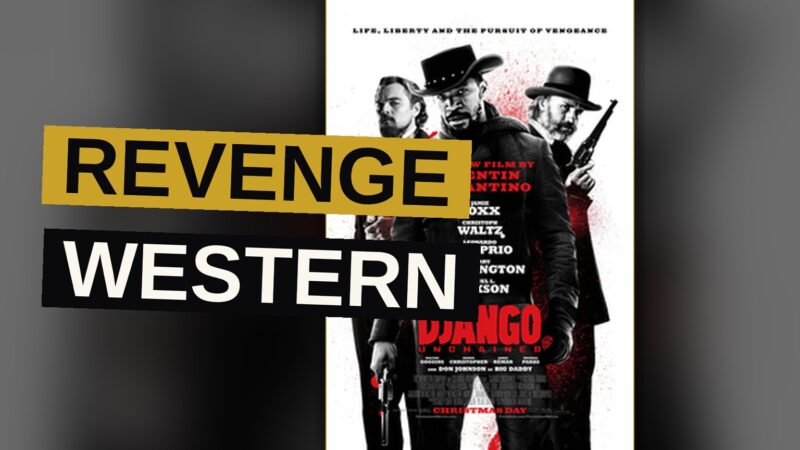 A freed slave in a blue velvet suit and his bounty hunter partner ride horses across a dusty Texas landscape at sunset.