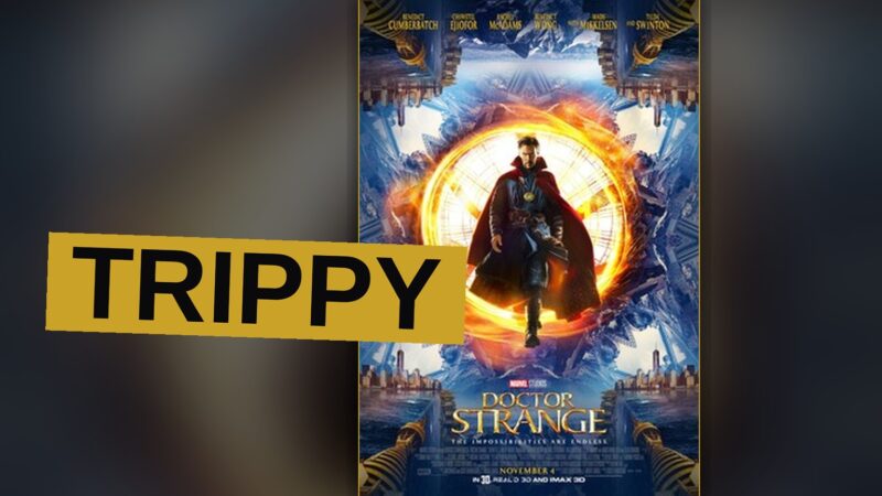Doctor Strange stands in a surreal, folding cityscape with magical orange energy swirling around his hands.