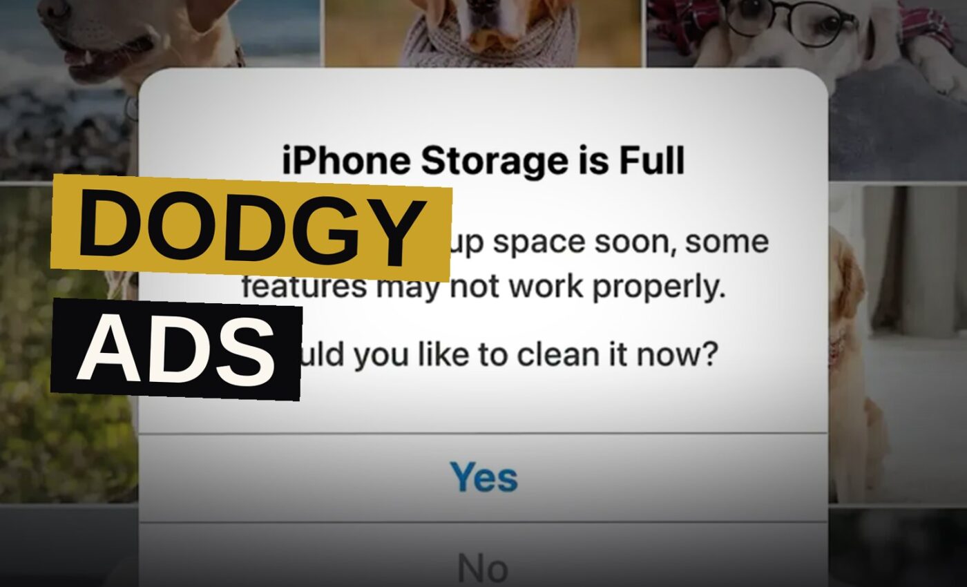 A smartphone displays a deceptive ad that mimics a system warning with 'Yes' and 'No' buttons.