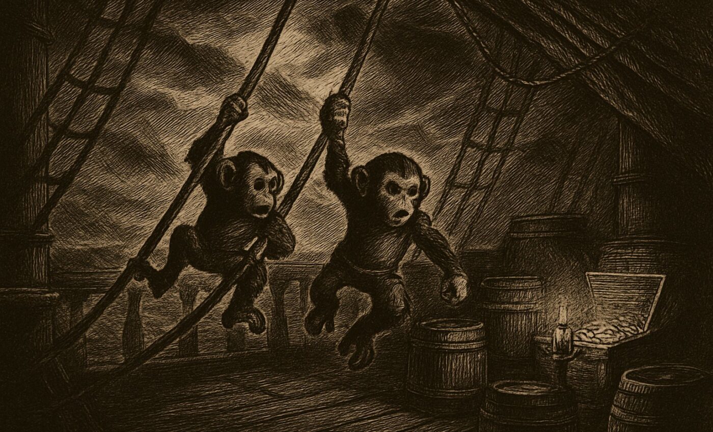 Two small heroes bound across a weathered ship deck beneath a darkened sky.