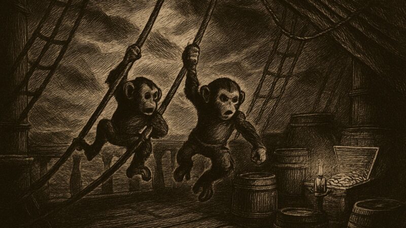 Two small heroes bound across a weathered ship deck beneath a darkened sky.