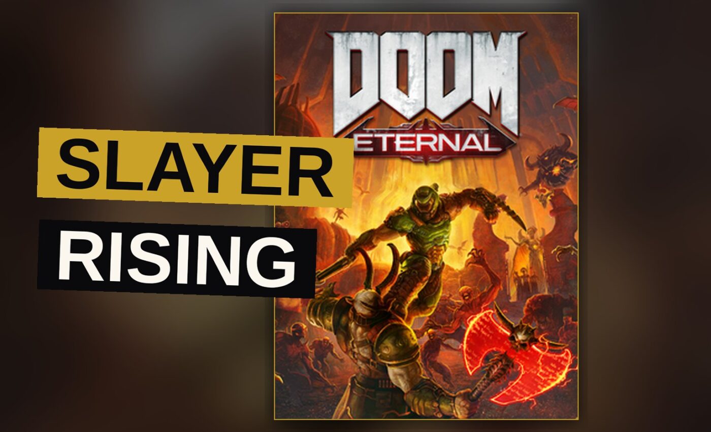An armored warrior surges through a mass of demons, blade and flame in hand, amid a chaos of fire and ruin.