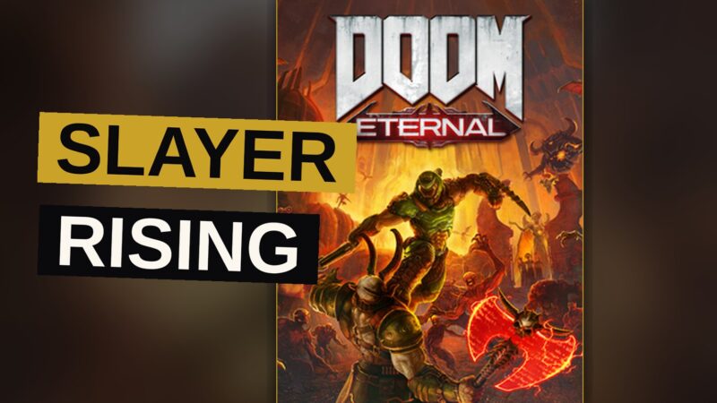 An armored warrior surges through a mass of demons, blade and flame in hand, amid a chaos of fire and ruin.