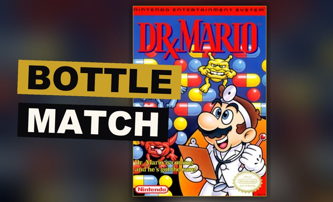 A bottle filled with colored pieces and small viruses, arranged as in a game of matching and clearing.