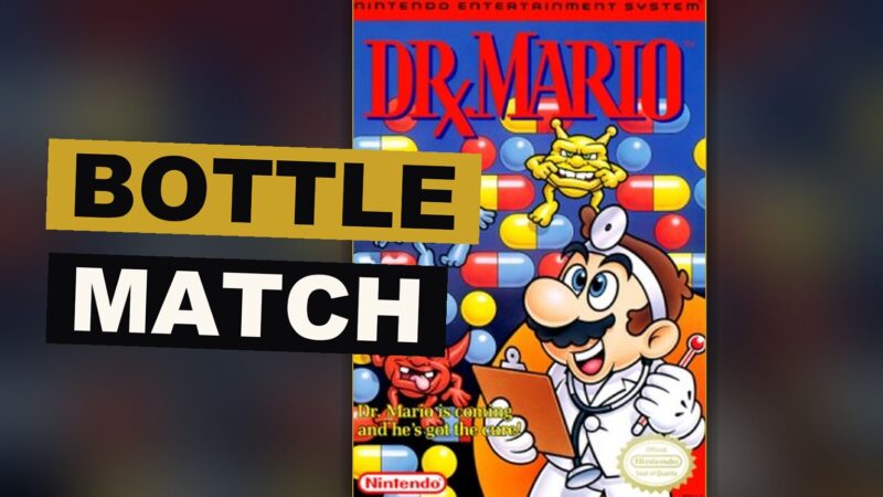 A bottle filled with colored pieces and small viruses, arranged as in a game of matching and clearing.