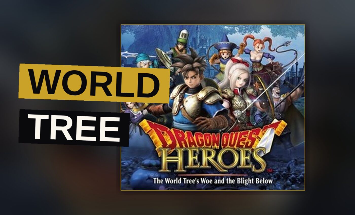 A band of valiant heroes stand before a towering world tree, beset upon by countless dark foes.