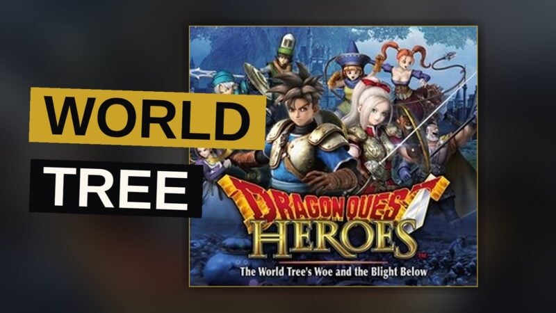 A band of valiant heroes stand before a towering world tree, beset upon by countless dark foes.