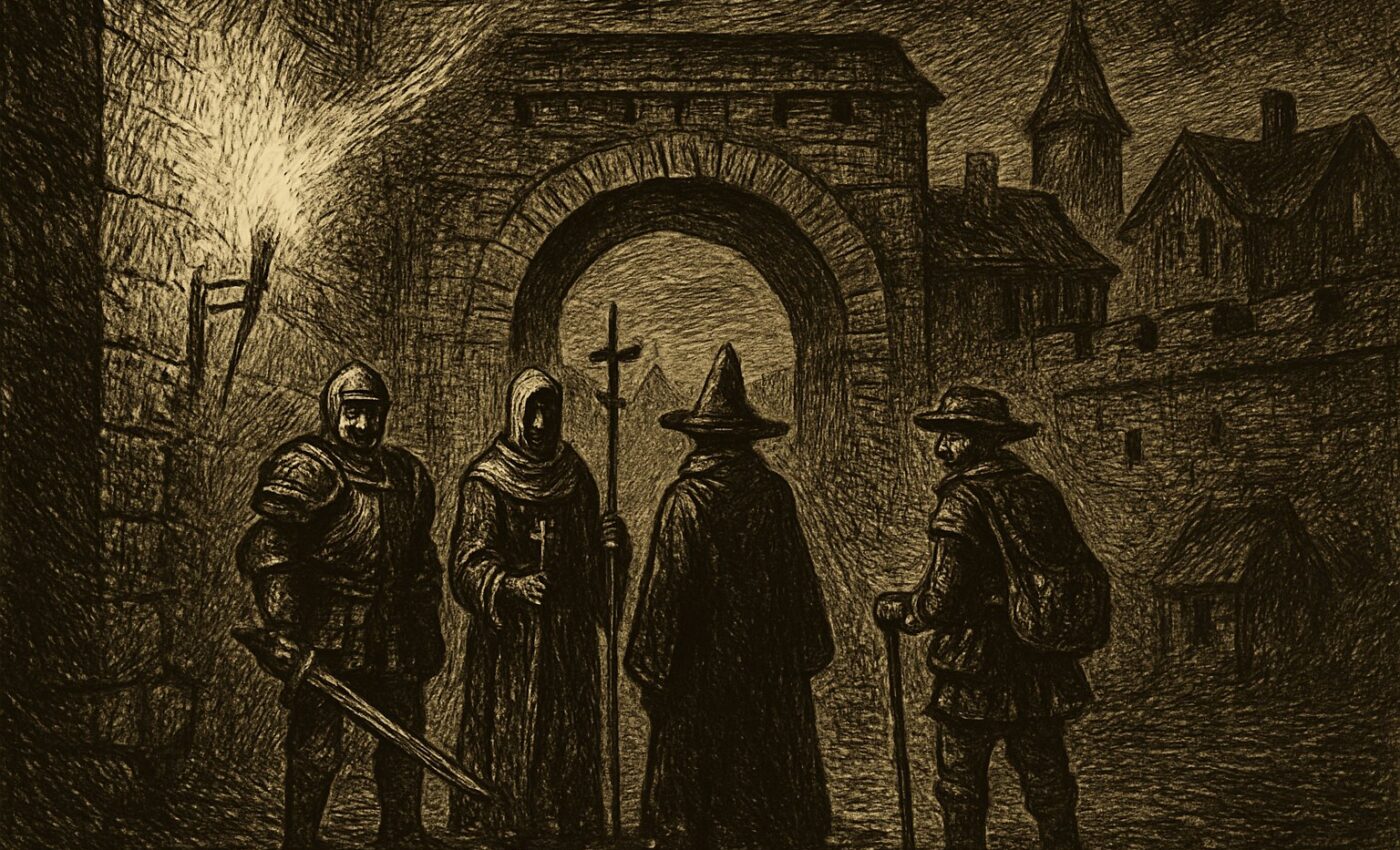A party of hired hands stands before a town gate as day gives way to night.