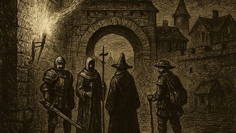 A party of hired hands stands before a town gate as day gives way to night.