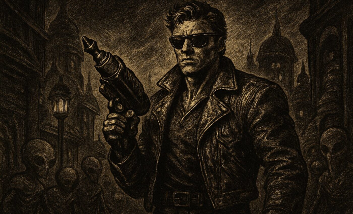 A bold hero stands ready with a large gun before a neon city street in a scene recalling the game's console arrangement.