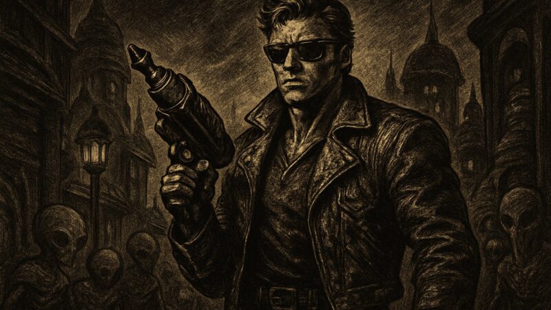 A bold hero stands ready with a large gun before a neon city street in a scene recalling the game's console arrangement.