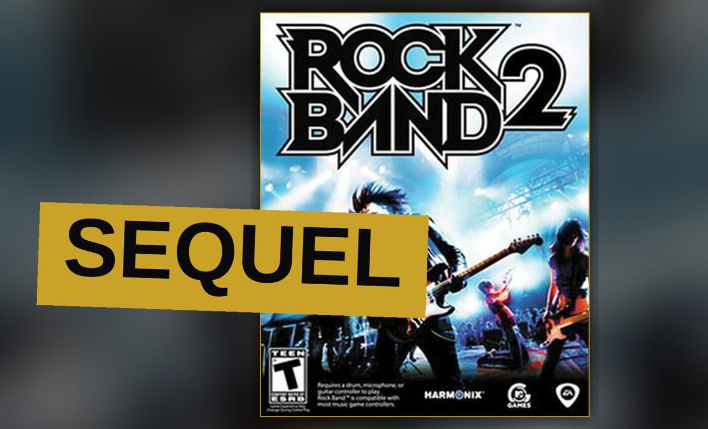 Four friends play Rock Band 2 in a living room, with one on guitar, one on drums, and two singing, under vivid stage lights.